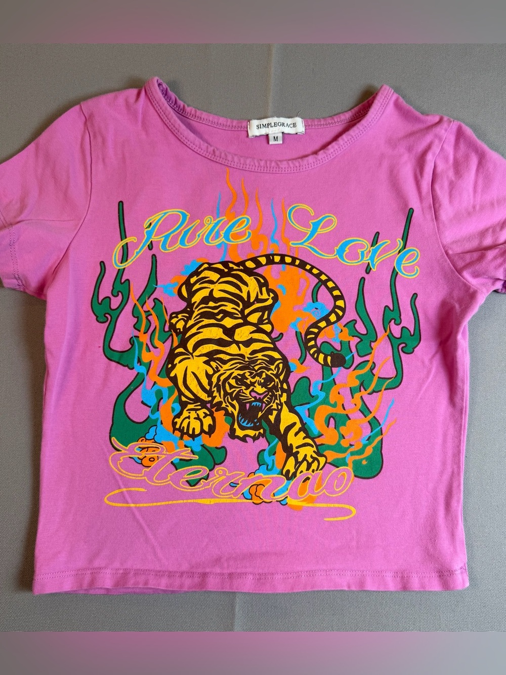 Girls szM ‘Pure Love Eternao’ Pink Babydoll Tee with Colorful Tiger Graphic